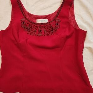 Kasper Cropped Suit Blouse Size L Red with Black Embroidery Vintage Fitted